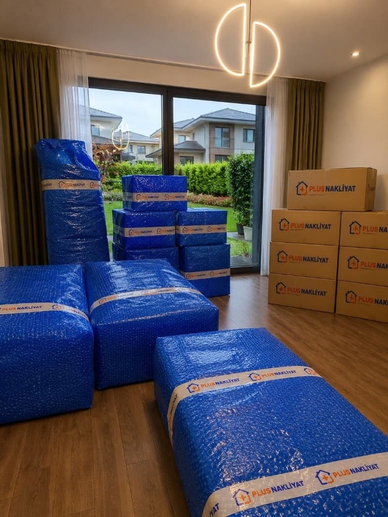 Villa taşımacılığı — villa içinde paketlenmiş mobilyalar, pencereden bahçe manzarası